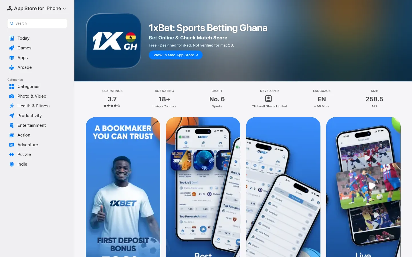 App Store listing for 1xBet Sports Betting Ghana showing the rating, the 18 plus age rating and Clickwell Ghana Limited as developer