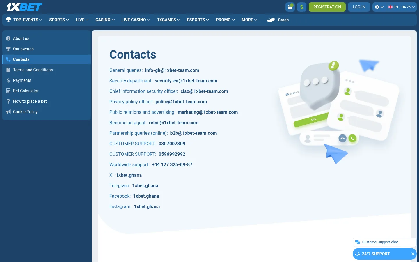 1xbet Ghana contacts page listing two local phone numbers, the international line and the support email addresses