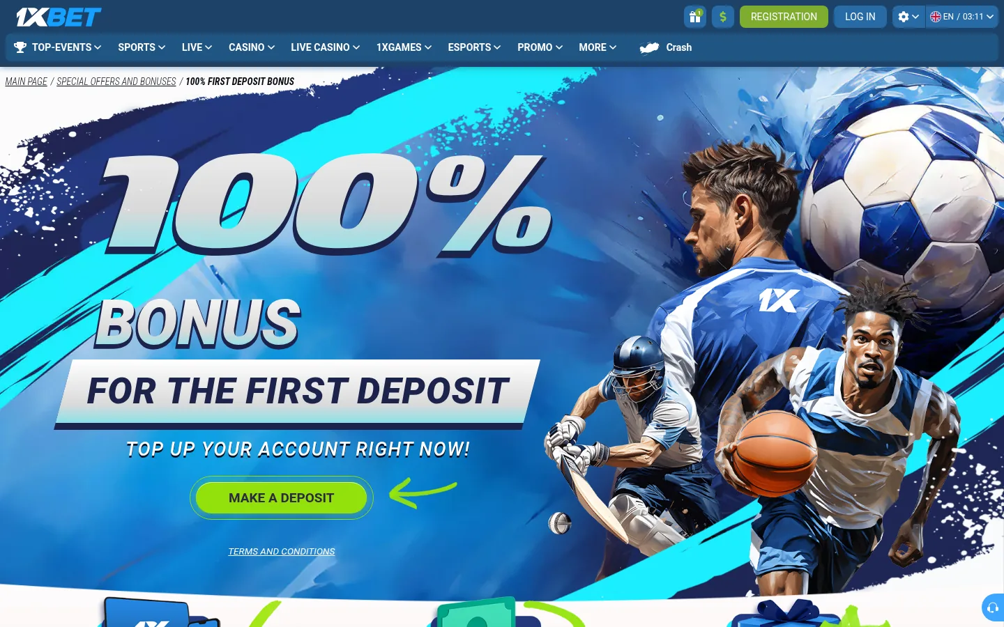 1xbet Ghana first deposit promotion page with a 100 percent bonus banner