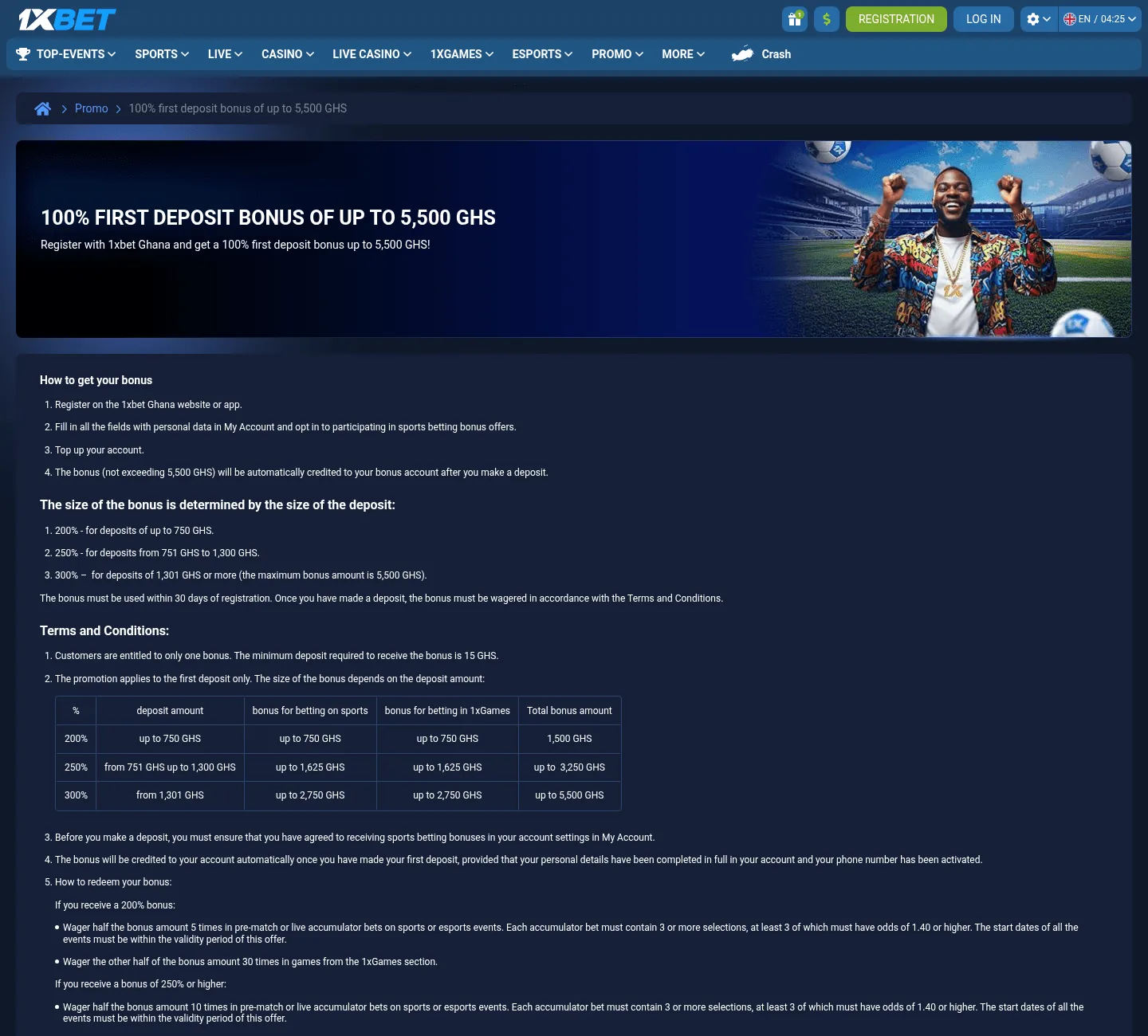 Terms page for the 1xbet Ghana first deposit bonus with the table of 200, 250 and 300 percent tiers and the wagering rules