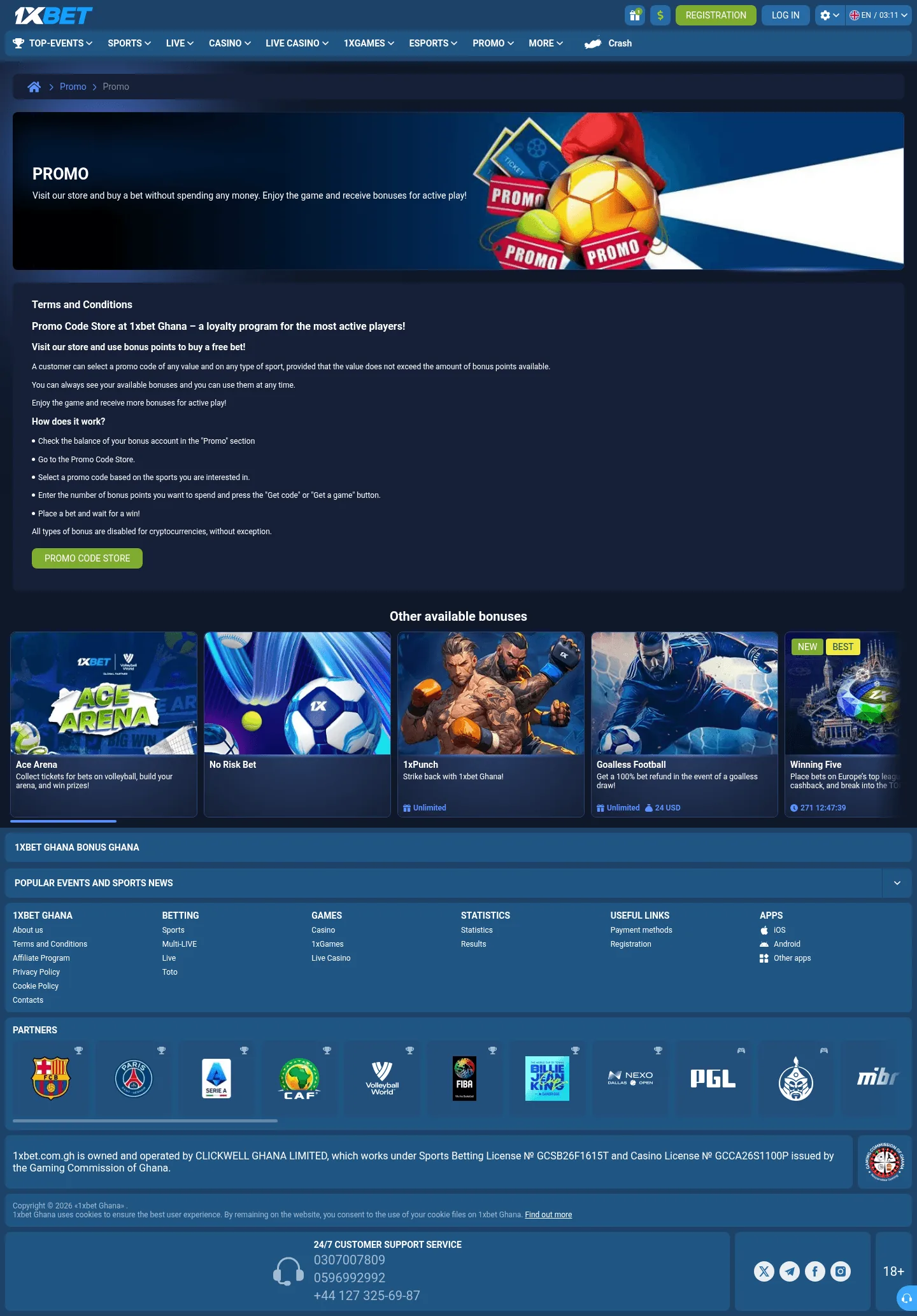 Promo Code Store rules page on 1xbet Ghana listing the five steps for spending bonus points on a free bet