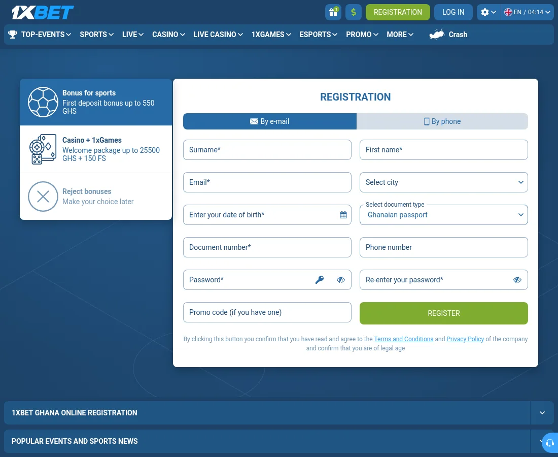 1xbet Ghana sign-up form with the bonus choice on the left, Ghanaian passport preselected as document type and a promo code field at the bottom
